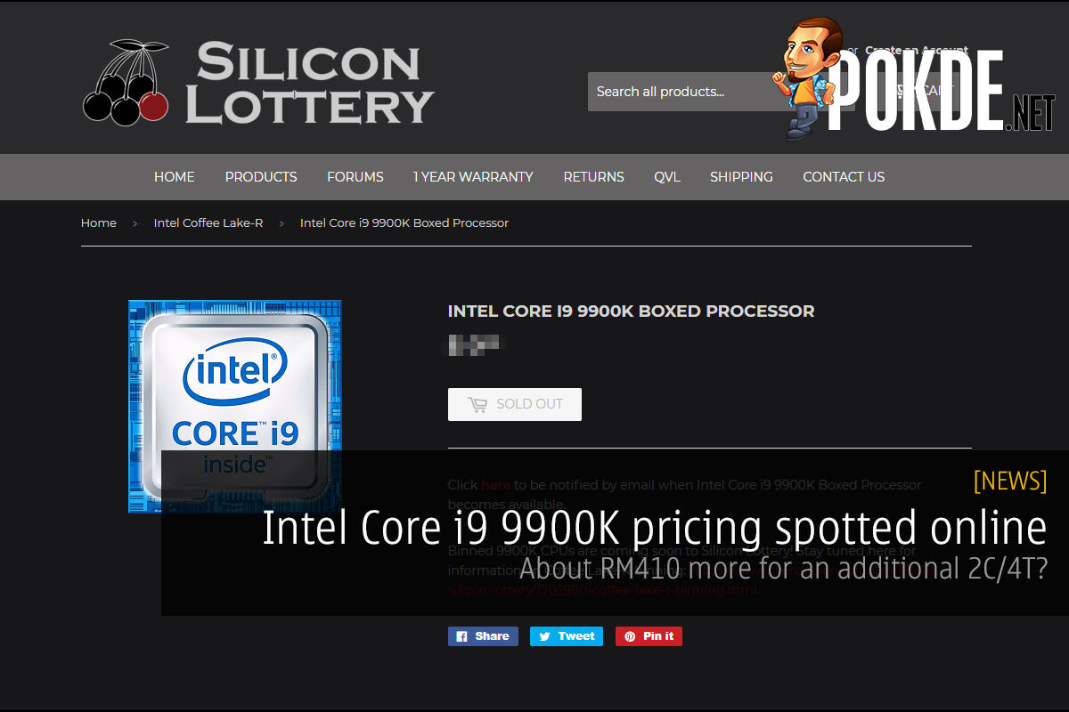 Intel Core i9 9900K pricing spotted online — about RM410 more for an additional 2C/4T 24