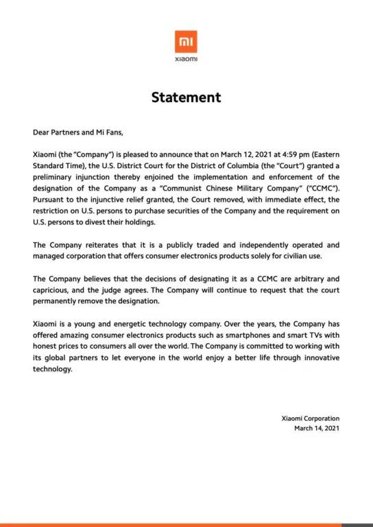 Xiaomi Statement US blacklist