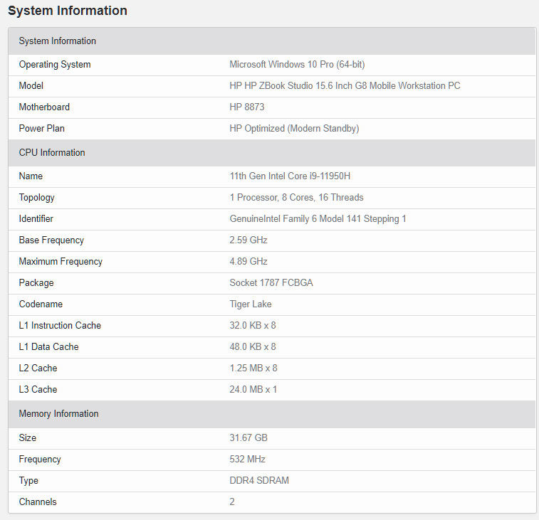 Intel Core i9-11950H HP ZBook Studio Geekbench 2