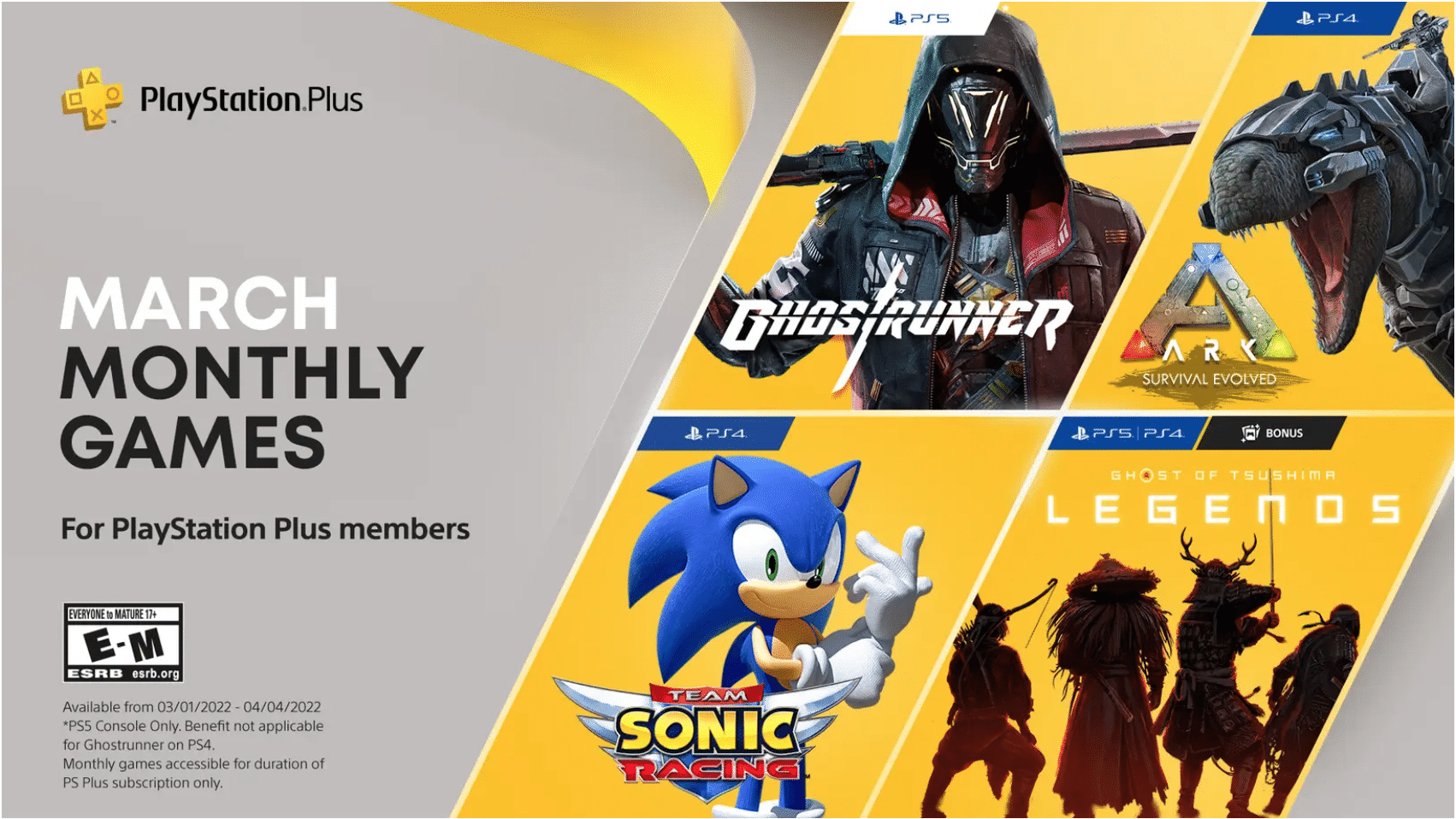 March PlayStation Plus lineup: Ark: Survival Evolved, Team Sonic Racing and Ghostrunner 