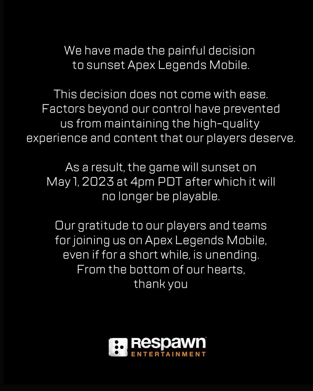 Apex Legends Mobile will be shutdown on May 1st - Time to say goodbye