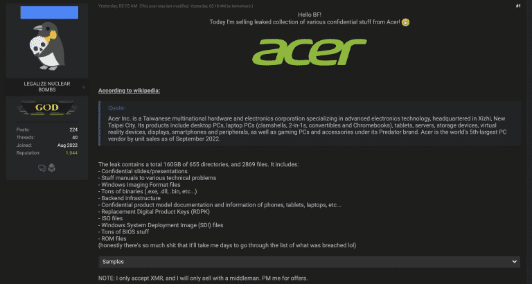 Acer Hit With Data Breach, 160GB Data Stolen As Hackers Offer Sale