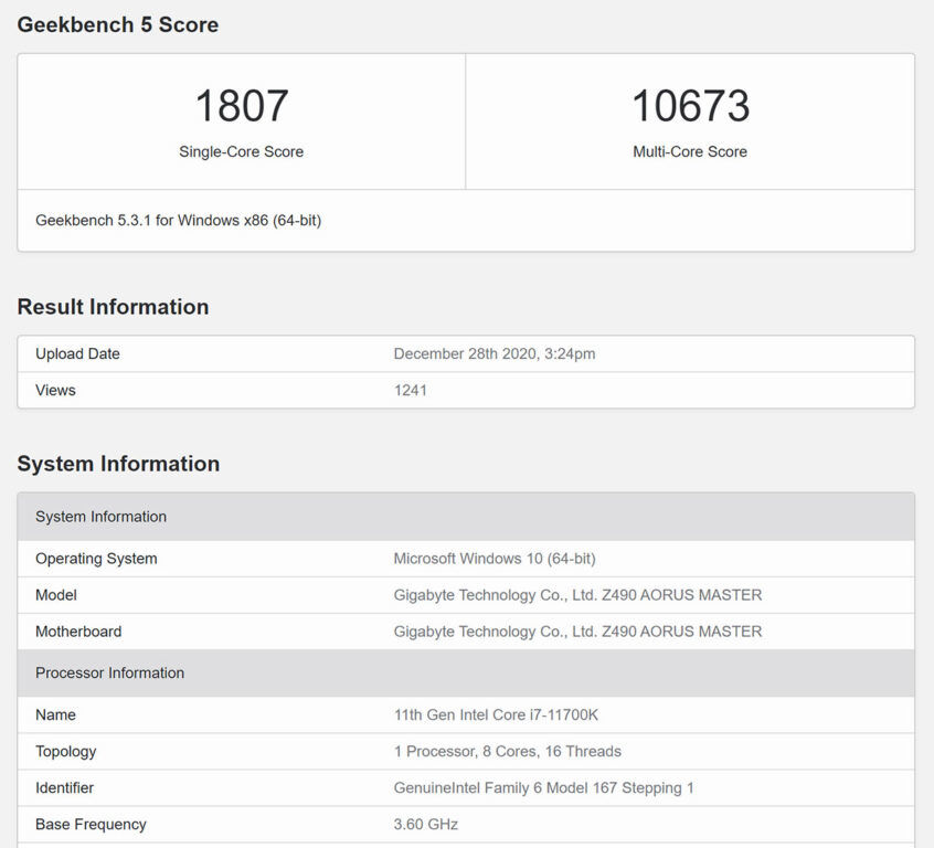 Intel Core i7-11700K Geekbench 5