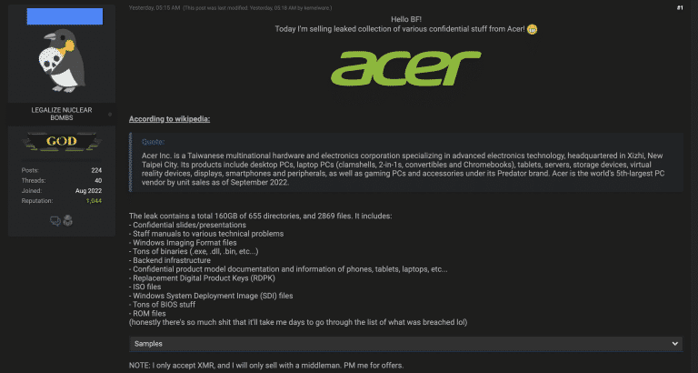 Acer Hit With Data Breach, 160GB Data Stolen As Hackers Offer Sale - 17 Acer Hit With Data Breach, 160GB Data Stolen As Hackers Offer Sale